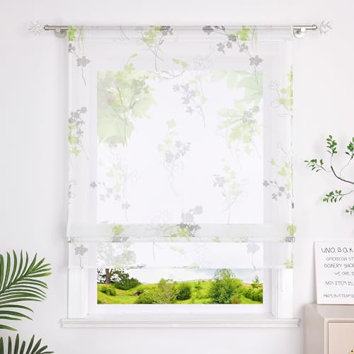 Heichkell Raffrollo mit Tunnelzug Leinenoptik Gardine Tranparent Vorhang Bedruckte Raffgardine mit Blumen Grün BreitexHöhe 120x140 cm