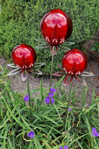 Jürgen Bocker Garten-Ambiente Blütenzauber Paris Rosenkugel 3er Set 15/10/10 cm Edelstahl Gartenstecker Deko mit Stab 80 cm (rot matt)
