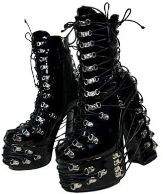 Frankie Hsu Handmade Goth Chunky Platform Ankle High Heeled Bootie, Lace Up Black Patent Silver Buckle Punk Gothic Y2K Hot Cool Girl Big Large Size Shoes For Women Men