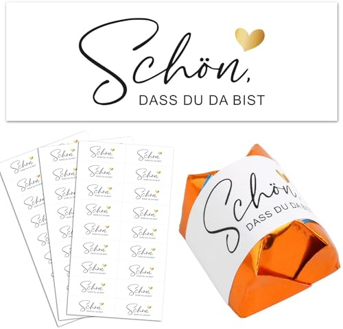 BOOMTOP 56 Aufkleber Schön, dass du da bist Hochzeit Gastgeschenke Sticker Herzchen Pralinenaufkleber für Geburtstag Taufe Kommunion für Küsschen Pralinen Rechteckig 5x1,8cm