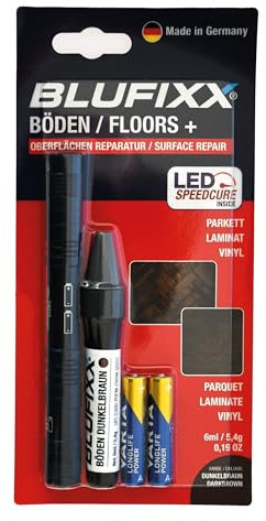 BLUFIXX-Pro Set für Laminat, Vinyl und Parkett Eiche Dunkelbraun - PRO-EDITION 2024 - Reparaturkleber mit lichthärtendem Gel und LED Licht, Repariert Kerben, Kratzer und Dellen