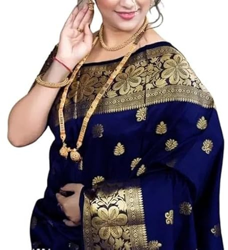 Accessorize Kingdom Women's Pure Banarasi Silk Saree Kanjivaram Style Saree With Blouse Piece For Wedding,Ideal for Weddings, Festive Events. (NavyBlue)