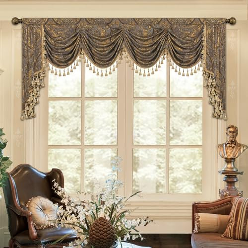 Loom and Mill Luxuriöser Jacquard-Wasserfall-Volant für Wohnzimmer, klassische antike Girlanden, Fenstervolants mit Quasten, Bronze-Gold, Girlanden-Vorhänge für Schlafzimmer, Bankett,