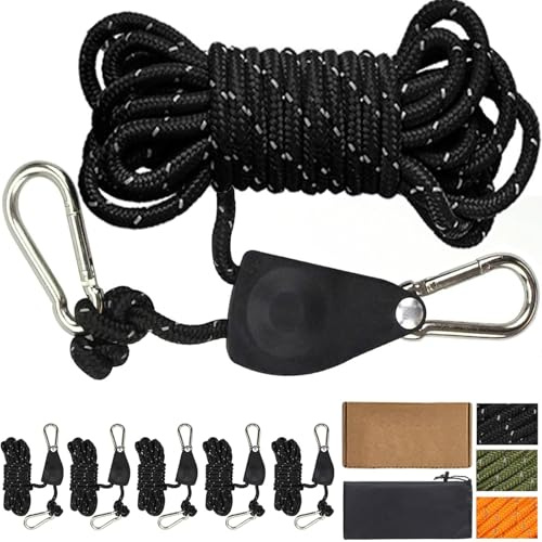 Cveenk 6 Stück 13ft/4M Reflektierend Abspannseile Seil mit Seilspanner, Φ 4mm Nylonschnur Zeltschnur Spannschnur Camping Seil mit Seilratsche für Zelt Sonnensegel Zeltplane Camping (Schwarz)