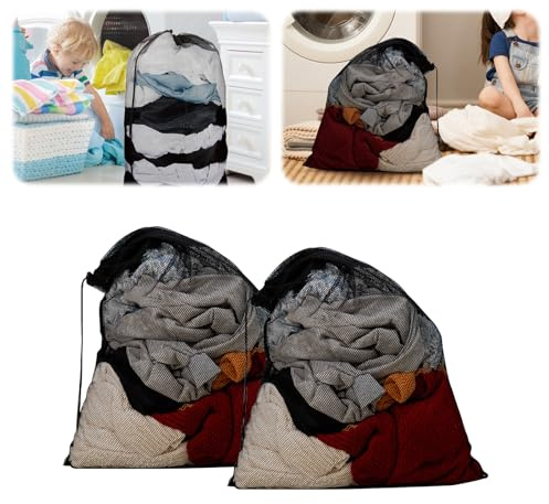 Confezione da 2 sacchetti per la biancheria in rete, resistenti, grandi borse per il bucato, con coulisse, per università, dormitorio, viaggi, famiglia e abitanti degli appartamenti (nero, 20 x 30 cm)