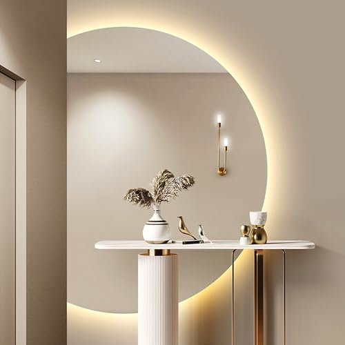 Mirocrafta Specchio da parete a mezzaluna da bagno, grande specchio per il trucco senza cornice, moderno specchio decorativo intelligente, 3 colori dimmerabili, anti-appannamento e a prova di
