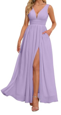 HPPEE Lilac Bridesmaid Dresses with Slit for Women Pleated Chiffon Formal Gown Corset Evening Dress UK12