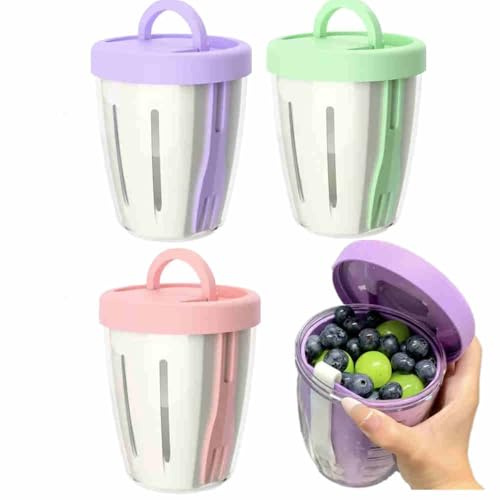 Dlmlemu Paquete de 3 tazas de almacenamiento de frutas, lonchera de ensalada con tapas y tenedor, cuenco de lechuga de verduras, para agua, jugo, leche, fruta, ensaladera portátil con colador de