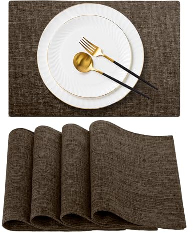 PinnWaa Set de Table en Tissu Lin de Coton, Lot de 4 Double Face Imperméables Antidérapants Résistants à la Chaleur Sets de Table pour Table à Manger, Cuisine, Mariage (45cm x 30cm, Marron)