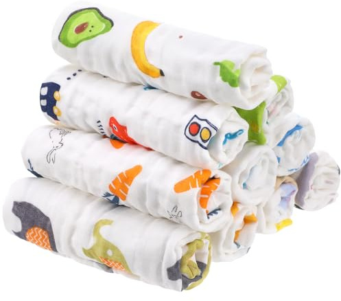 Kaisibum 10 Stück Spucktücher Baby, 50x25cm Baby Mulltücher, Waschlappen Baumwollwindeln Weiche Musselin, Zeichentrickmuster