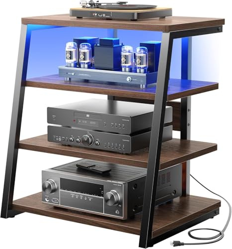iSunirm AV Media Stand with Outlets, 4-Tier Media Console with LED Lights, Record Player Stand With Storage Shelves, Stereo Racks and Stands Media Audio Tower Cabinet, Dark Walnut