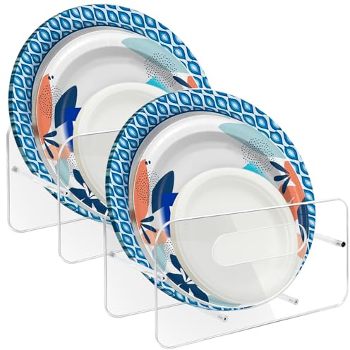 Beitiny Paper Plate Dispenser, Acrylic Plastic Plate Holders, 7-12 Inch Disposable Plates Storage Organizer Rack for Cabinet, Countertop, Counter, Kitchen, 2 Pack