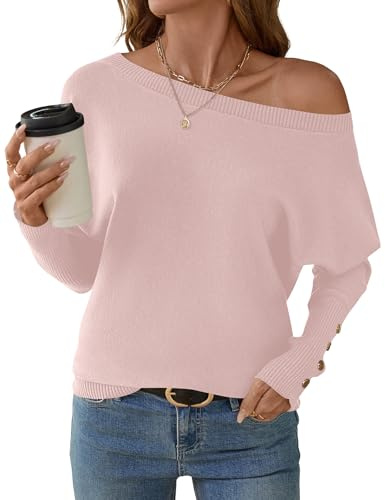 Women's One Shoulder Long Batwing Sleeve Sweaters Tops 2025 Fall Winter Casual Trendy Pullovers Pink S