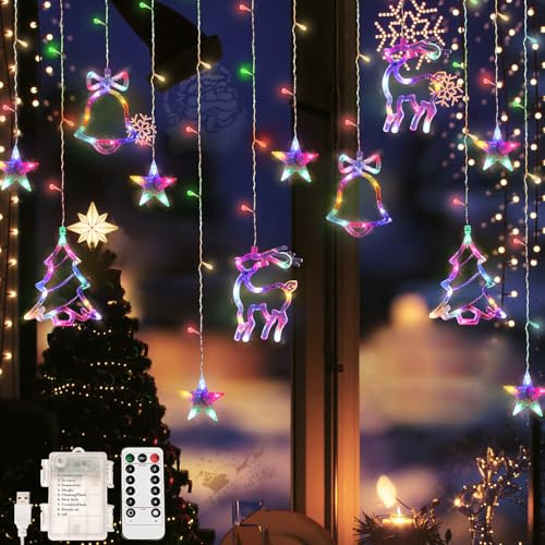 OWill Christmas Window Lights Indoor, 8 Modes Colourful Window Lights for Christmass, 3Mx0.8M Fairy Star Curtain String Lights for Xmas Christmas Windows Decorations