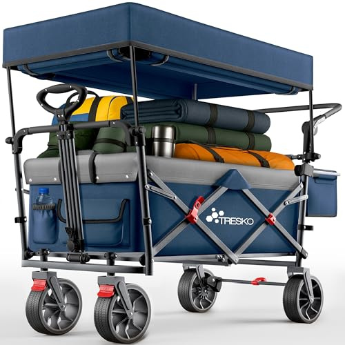 TRESKO® Bollerwagen Faltbar mit Dach, Kühlfach & Seitenrollos bis 150kg | Handwagen mit Vollgummireifen, Feststellbremsen (Vorne & Hinten) & 3-Punkt-Gurt | Transportwagen für Camping Outdoor Strand