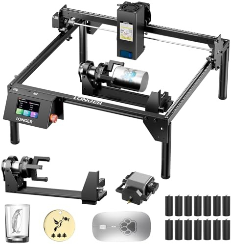 LONGER Incisore Laser 5W con Kit di Assistenza Aria, Macchina CNC per Incisione e Taglio Laser Fai-da-te su Legno, Metallo e Vetro, Area di Lavoro 400 × 400 mm, con Rullo Rotante 3 in 1