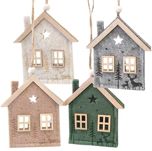 Filz-Häuser Weihnachtsanhänger, 4 Stück: Haus-Anhänger aus Filz & Holz, Geschenkanhänger Weihnachten, Stoffanhänger Geschenke, Weihnachtsbaum & Zweige, Baumschmuck Klein, Weihnachtsdeko, 10 cm