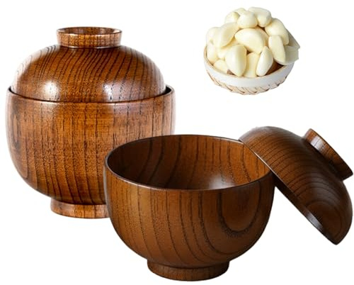 Miso Soppskålar 2 st rustika träskålar med lock för mat, ris, soppa, te, dekoration trä för mat, liten