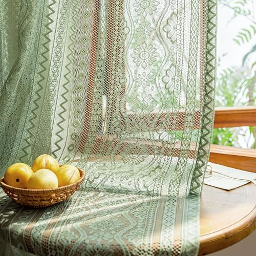 MYSKY HOME Vorhang Spitze Vorhänge Transparent für Wohnzimmer Stabtasche | Salbei Grün,2er Set,H225 x B140 cm,Blumen Bestickte Vintage,Gardinen Landhausstil,Vorhänge Dekoschal für Schlafzimmer