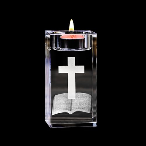 ZYDYRX Portavelas Cristal con Cruz 3D y Grabado Biblia Transparente Portavelas Católico para Bodas Iglesias Oraciones Decoración de Mesa Meditación 5 x 5 x 8 cm