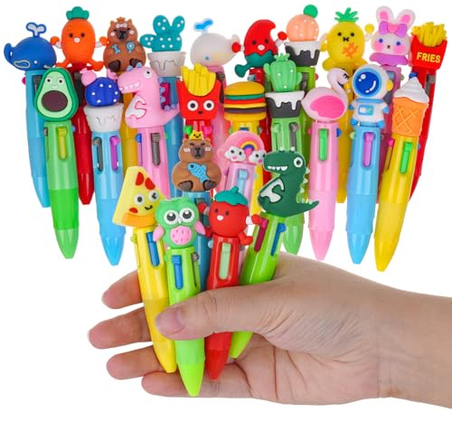 XDGBGFN Set med 25 minifärgade tecknade kulspetspennor - 12 cm - 4 i 1 - 0,7 mm - Djurbläck - Roliga kreativa pennor för skolan och fester