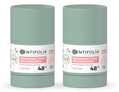 Centifolia | Lot de 2 Déodorants Stick Rechargeables 48H Fleur de Coton 50g | 100% naturel | Anti-odeurs | Sans aluminium | Peaux sensibles | Anti-traces