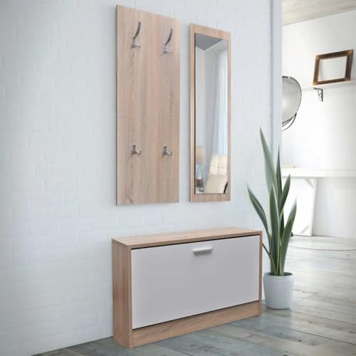 Runheo Garderob hall 3-i-1 skoskåp med spegel och garderobspanel av trä, 80 x 27 x 46,5 cm skoställ, platsbesparande förvaringssystem för hall entré