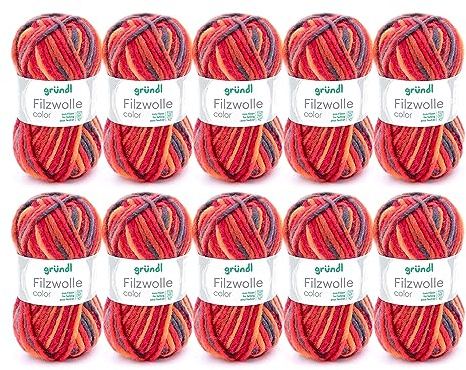Titel: Gründl filtullfärg, (OEKO-TEX-certifierad, 100% ny ull för filtning, 50 g/50 m, nåltjocklek: 8 – 9, 10 nystan á 50 g), röd-orange-svart flerfärgad