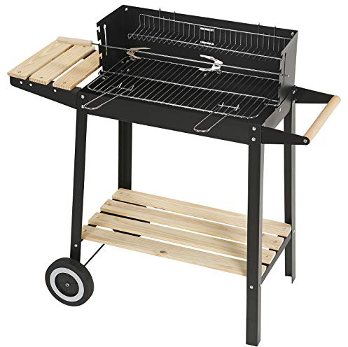 Trolley Charcoal Rectangular Steel BBQ Barbecue Grill Outdoor Patio Garden W/Wheels Wooden Shelves