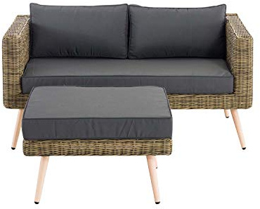 CLP Polyrattan 2er Sofa MOLDE mit Fußhocker I Natura I Loungeset Rundrattan I Gartensofa mit Hocker I 5mm Rattandicke, Farbe:eisengrau, Sitzhöhe/Farbe:45 cm (Lightbrown)