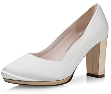 Rainbow Club brudskor Clair – dam, pumps, platå, elfenben/kräm, satin, bekväma vadderade, bröllopsskor, rosa/guld blockklack storlek 5,5 (UK 5,5)