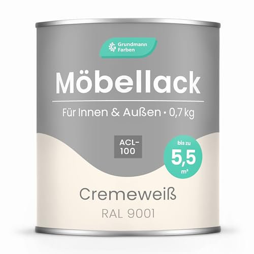 Grundmann Möbellack ACL 100 - Weiss 0,7 Kg - Lösemittelfrei & Geruchsarm - 4in1 Möbelfarbe inkl. Grundierung - Innen und Außen - Für Holz, Metall & Kunststoff - RAL 9001 Cremeweiss