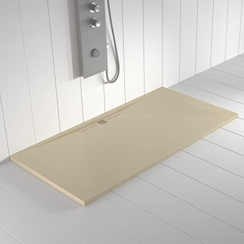 Piatto doccia in resina WIDE scarico lineare laterale Colore Crema 160x90 finitura effetto ardesia antiscivolo, griglia dello stesso colore e piletta