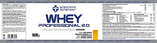 Scientiffic Nutrition - Whey Professional 2.0 Proteinas Whey en Polvo 100% Pura, para Aumentar la Masa Muscular, con Enzimas Digestivas y Lactasa - 908g, Sabor Piña - Mango.