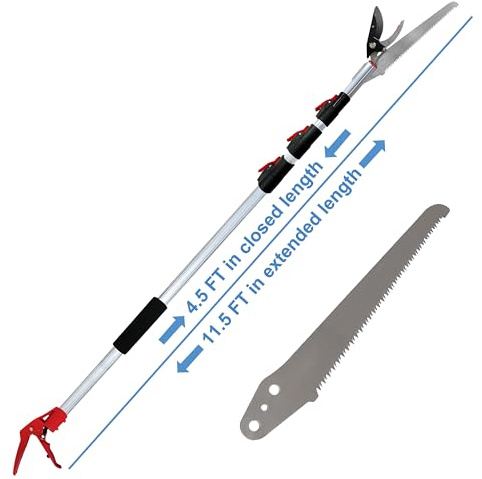 Mesoga Extendable Tree Pruner & Trimmer 4 Section Telescoping Pole 4.5-11.5 FT with Cut and Hold Clippers Branch Cutter, Pole Saw, Lopper & Fruit Picker Tool Long Handle Pruning Shears for Tree Care