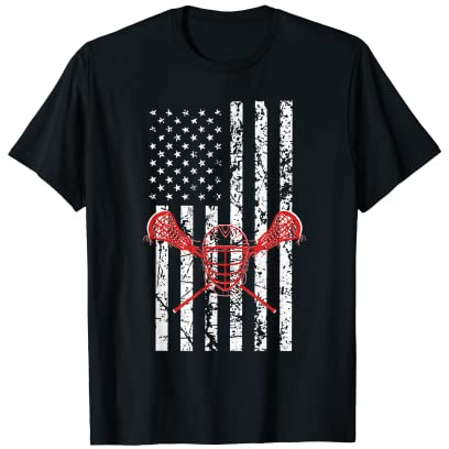 Lacrosse LAX American USA Flag Lacrosse Racket Helmet T-Shirt for Women Kids Men