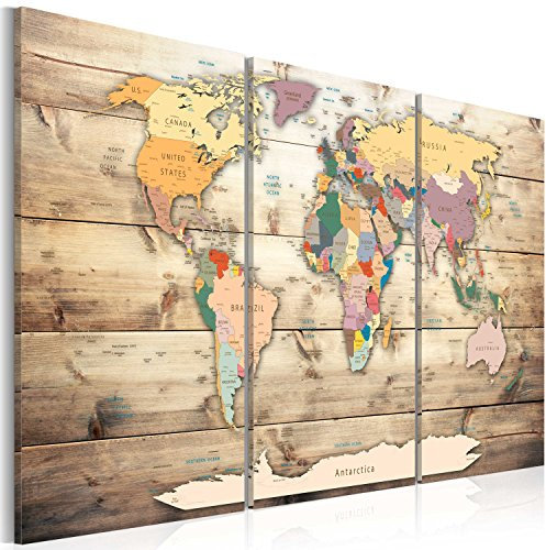 B&D XXL - Akustikbild Weltkarte Holz Bilder Akustikschaum Hochleistungsschallabsorber Schallschutz Leinwand 3 tlg Wandbild Raumakustik Schalldämmung k-C-0035-b-f