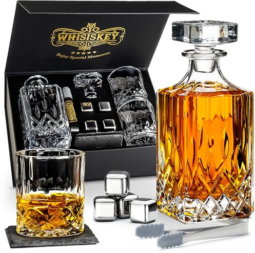 Whisiskey - Decantador de Whisky - Jarra de Whisky - Classic - 800ml - Regalo Hombre - Cubitos Hielo Reutilizables - Regalos Originales para Hombres - 2 Vasos de Whisky, 4 Piedras de Whisky, Posavasos
