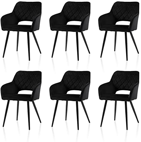 TUKAILAI Esszimmerstühle 6er Set aus Samt, Küchenstuhl Polsterstuhl mit Offener Rückenlehne,Armlehnen,Gepolstertem Sitz, Metallbeinen, Stühle für Wohnzimmer,Esszimmer,Küche (6, Schwarz)
