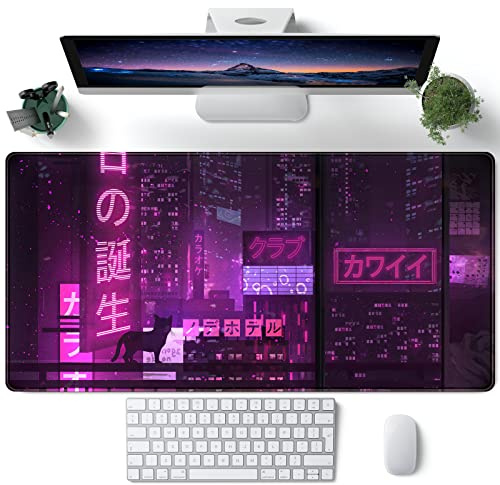 Japansk lila skrivbordsunderlägg, anime, måne, spelmusmatta för skrivbord, XXL, expanderat stort datorskrivbordsunderlägg, tangentbords- och musmatta med sydda kanter, halkfri gummibas, 80 x 40 cm
