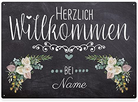 Haustürschild mit Name - Herzlich Willkommen bei - Metallschild mit Nachname personalisieren, Outdoorschild aus Aluminium | Wetterfest, Blumen-Motiv, 28x20 cm