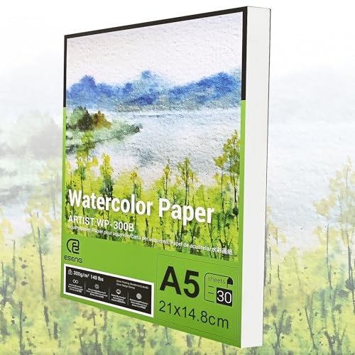 ESENG Papier aquarelle de qualité supérieure - Format A5 - 100 % coton - 30 feuilles - 300 g/m² - Blanc - Bloc aquarelle - Papier à peindre pour aquarelle, dessin, peinture
