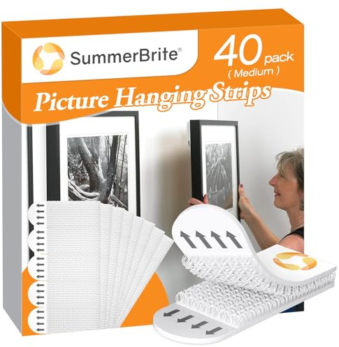 SummerBrite Picture Hanging Strips 40 Strips, Damage Free Removal, Wall Poster Picture Hangers Without Nails, Sticky Hook & Loop Adhesive Strips for Poster/Picture/Home/Office, 20 Pairs/Medium, White