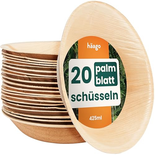 HAAGO Palmblattschalen Kompostierbar & Einweg - Umweltfreundliches Palmblatt Geschirr für Picknick- & Outdoor-Geschirr - Gefrierschrank- & Mikrowellenfest Suppenschalen Einweg (Rund / 425 ml, 20)