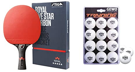STIGA Royal 5 Sterne Tischtennis Schläger Pro Carbon & GEWO Tischtennisbälle Training 40+ - 3 Sterne Tischtennis-Ball aus ABS Plastik mit Naht - Durchmesser 40+mm, 12 Stück