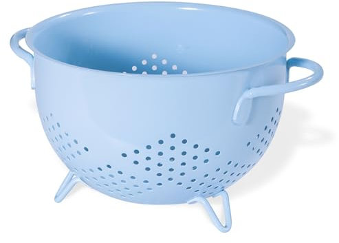 Metal Colander 5 Quart Powder Coated Self-draining Metal Strainer with Base,Kitchen Pasta Fruit Vegetable Basket with Double Handles,blue