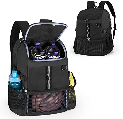 GOBUROS Basketballtasche, Fußballausrüstungstasche mit Ball- und Schuhfach für Fußball, Volleyball, Fitnessstudio, Outdoor, Reisen, Schwarz