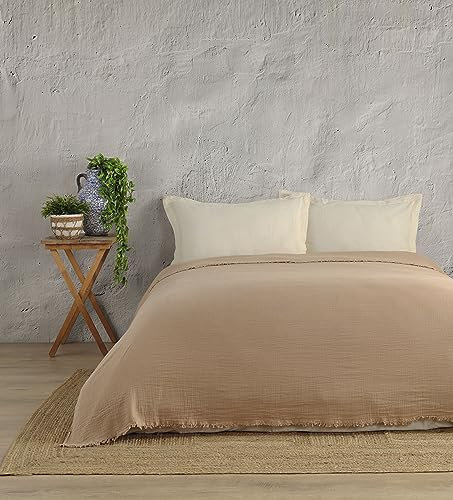 Kafthan Musselin-Decke, Queen-Size-Größe, 100 % türkische Baumwolle, Decke und Musselin-Steppdecke für Erwachsene, leichte Sommerdecke für Couch oder Bett (einfarbig, Erdnuss, 221 x 259 cm)