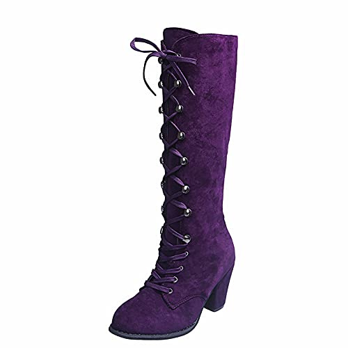 PAIDAXING Stivali gotici da donna con lacci, in finta pelle scamosciata, vintage, con tacco medio, stile gotico, retrò, romano, taglia 36-40, Viola, 40 EU