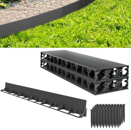 Aufun Flexible Rasenkante Kunststoff 24M, Pflasterkante Beeteinfassung Beetumrandung Mähkante Kantenstein mit 100 Erdanker, Sehr gut Rasenkantensteine zu verarbeiten(58mm, Schwarz)